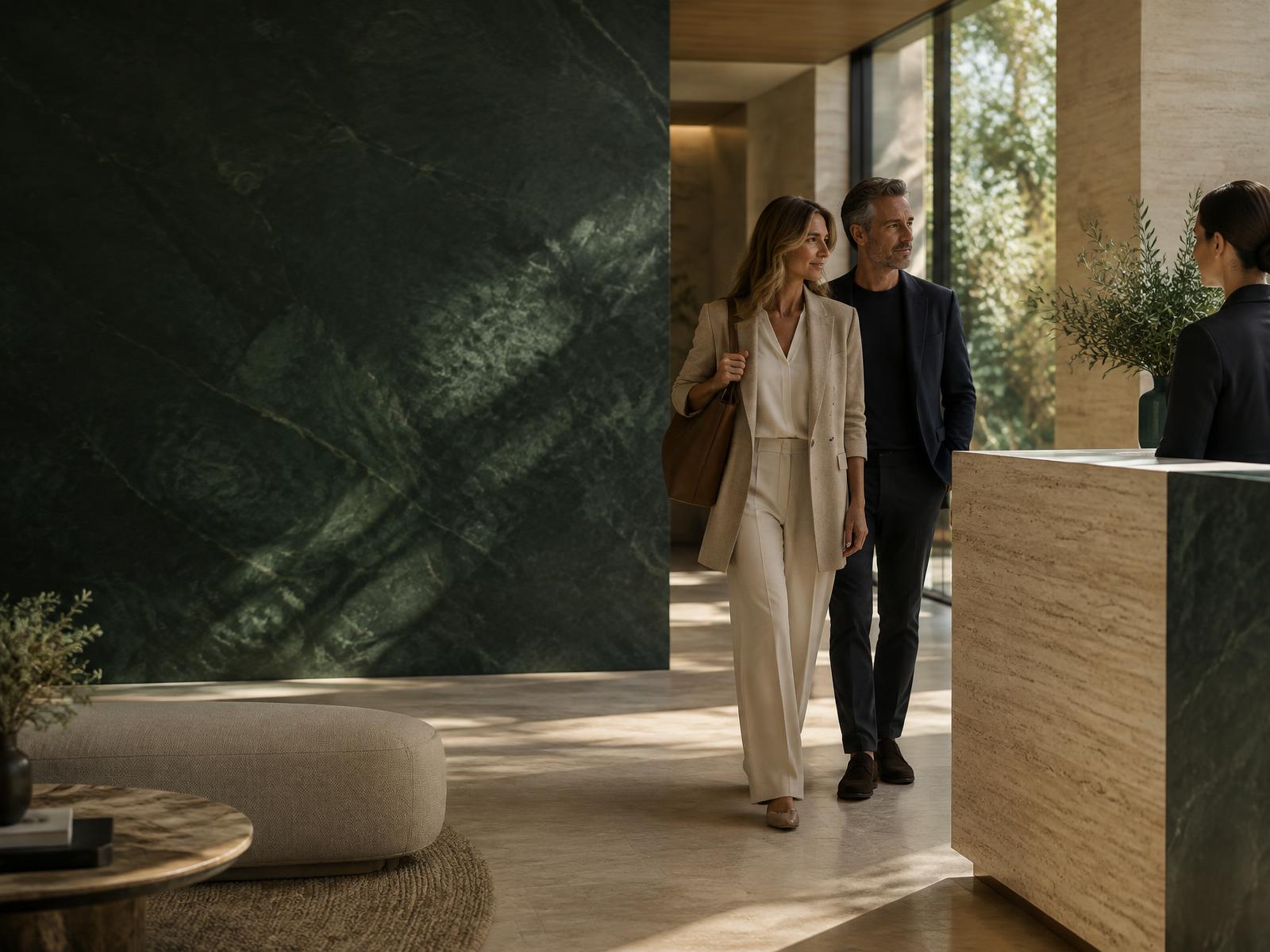 A man and woman arriving in a refined private medical setting